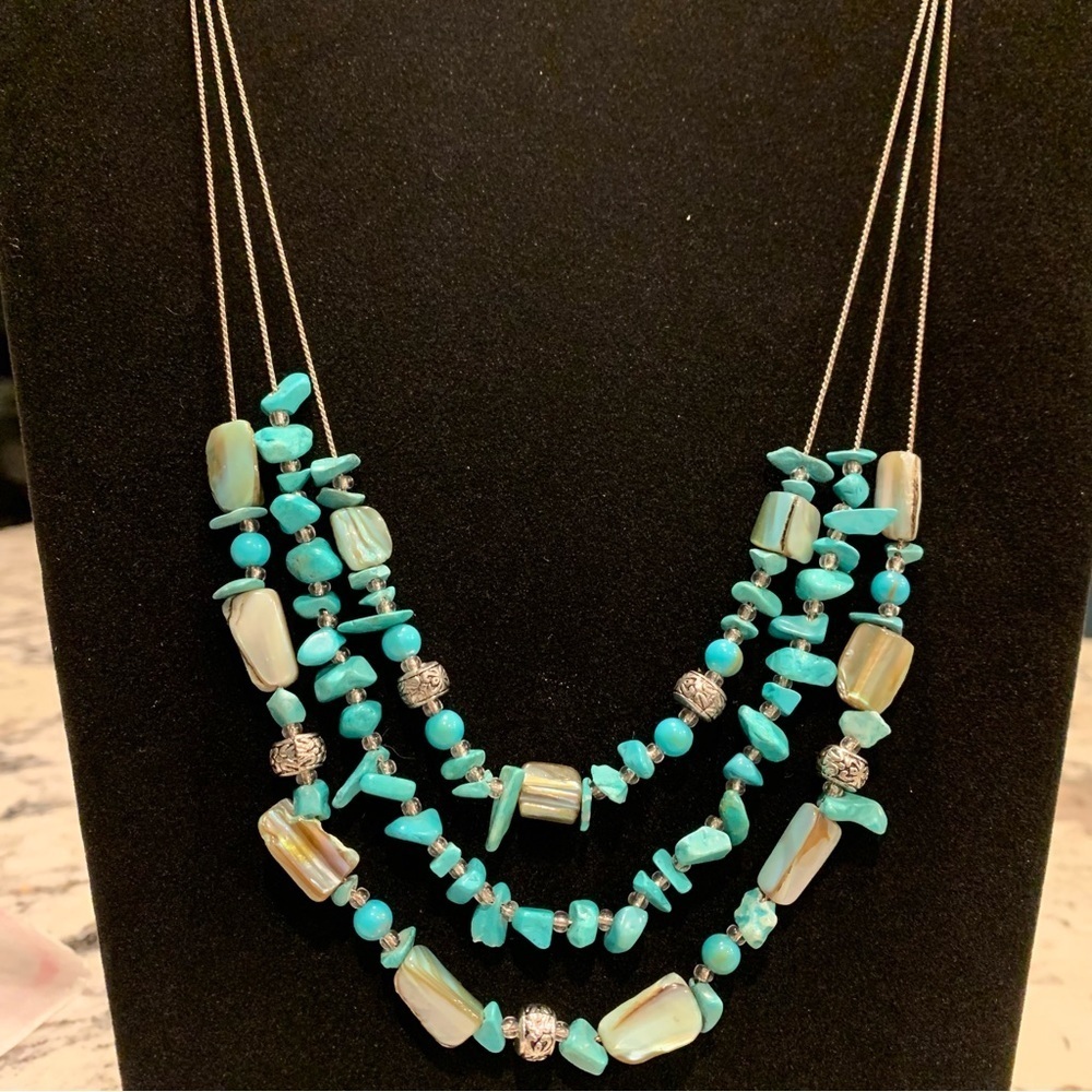 Turquoise Beaded Triple Strand Necklace‎ on silver toned chain